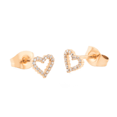 Mirelle Heart Earring Rose Gold studs featuring an open-heart shape in rose gold, set with sparkling white cubic zirconia and finished with secure butterfly backs.