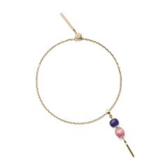 Gold charm extension chain bracelet with a delicate polished chain, featuring a sleek gold bar and two colourful beads in blue and pink, perfect for adding a personalised touch to your jewellery.