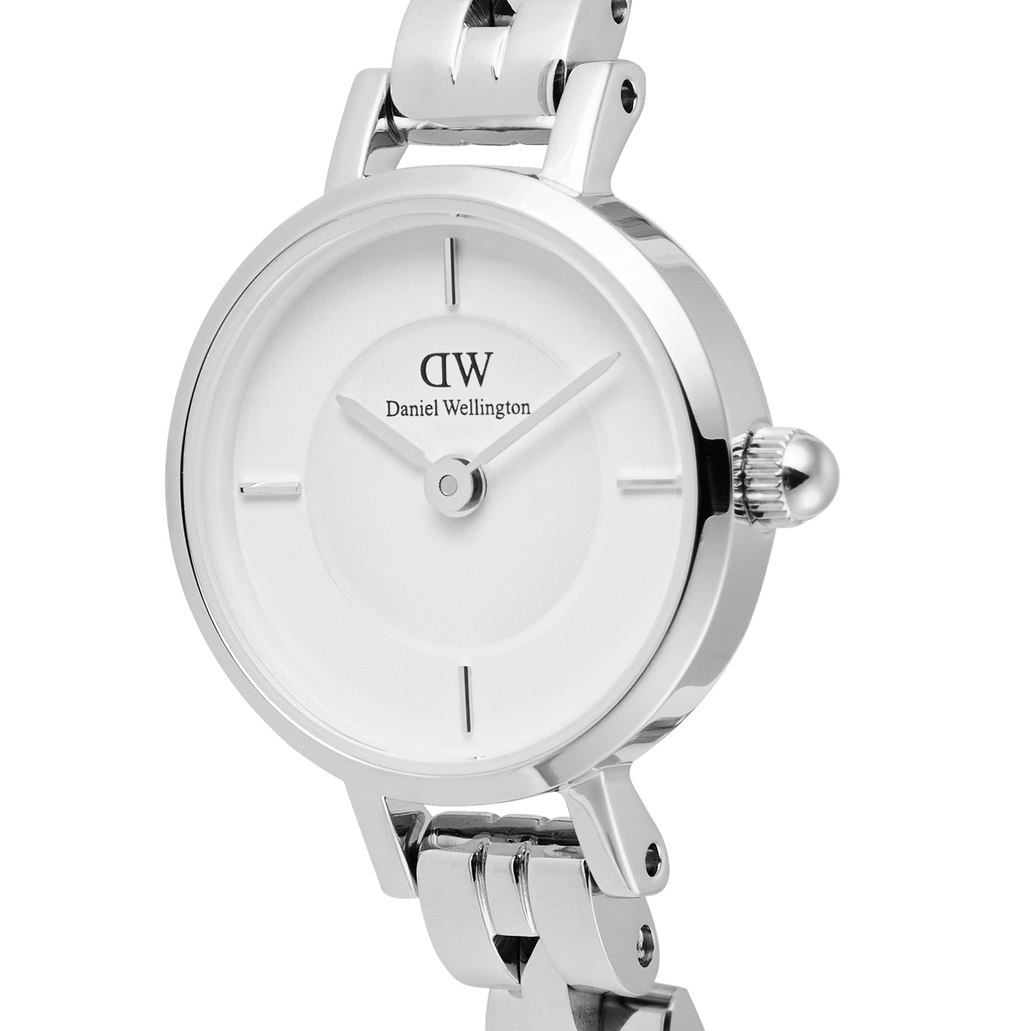 Close-up of the Daniel Wellington Petite Mini Arch 3-link White Silver watch, showing its crisp white dial, minimalist rectangular indices, and polished stainless steel arched 3-link bracelet.