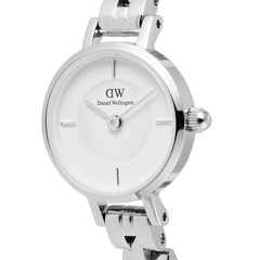 Close-up of the Daniel Wellington Petite Mini Arch 3-link White Silver watch, showing its crisp white dial, minimalist rectangular indices, and polished stainless steel arched 3-link bracelet.