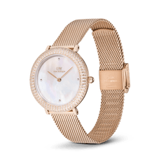 Crystalline Bezel Melrose women’s watch featuring a rose gold mesh strap, iridescent mother of pearl dial, and a bezel adorned with sparkling cubic zirconia and Preciosa stones.
