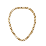 Chunky gold chain necklace with rounded links and a polished finish, featuring a secure fold-over clasp engraved with subtle detail.