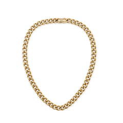 Chunky gold chain necklace with rounded links and a polished finish, featuring a secure fold-over clasp engraved with subtle detail.