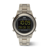 Retro Digital Light Grey watch featuring a transparent bio-based plastic case and link strap, with a bold black digital dial displaying dual time and chronograph functions.