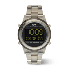 Retro Digital Light Grey watch featuring a transparent bio-based plastic case and link strap, with a bold black digital dial displaying dual time and chronograph functions.