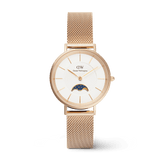 Petite Lune Melrose moon phase watch with a white dial, rose gold mesh strap, and elegant lunar sub-dial detail.
