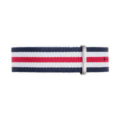 Classic NATO watch strap in navy, white, and red stripes with a polished silver buckle, crafted from durable polyester for a comfortable and secure fit. The Canterbury Strap Silver adds a refined, versatile accent to any timepiece.