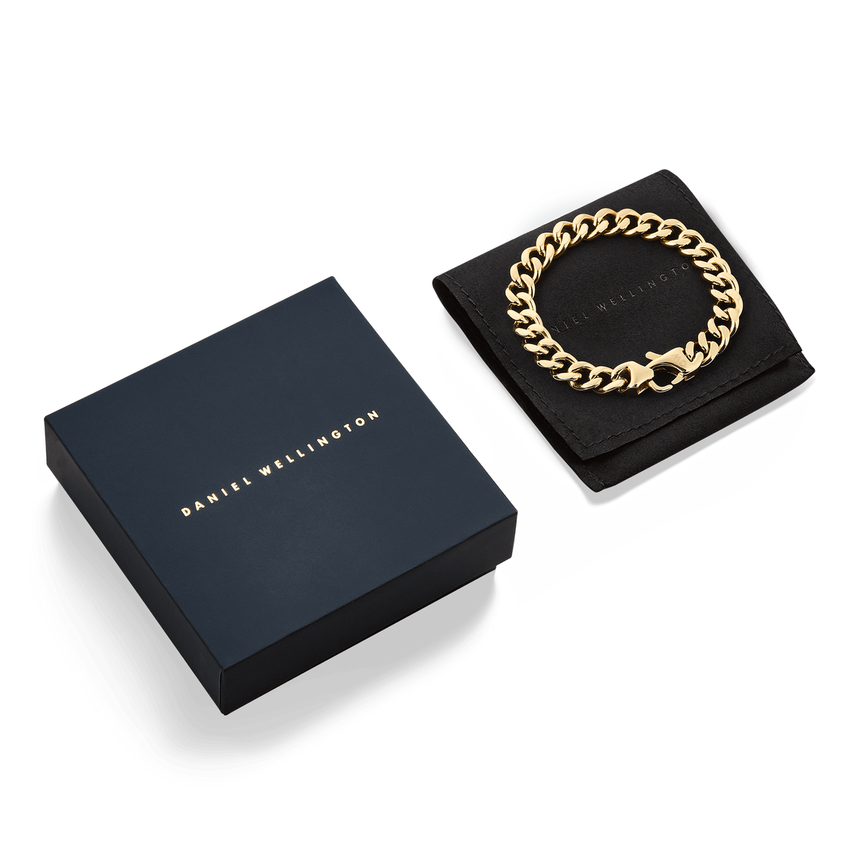 Ellipse Cuban Chain Bracelet Gold displayed on a black presentation pouch next to a navy Daniel Wellington gift box, highlighting its polished gold links and elegant packaging.