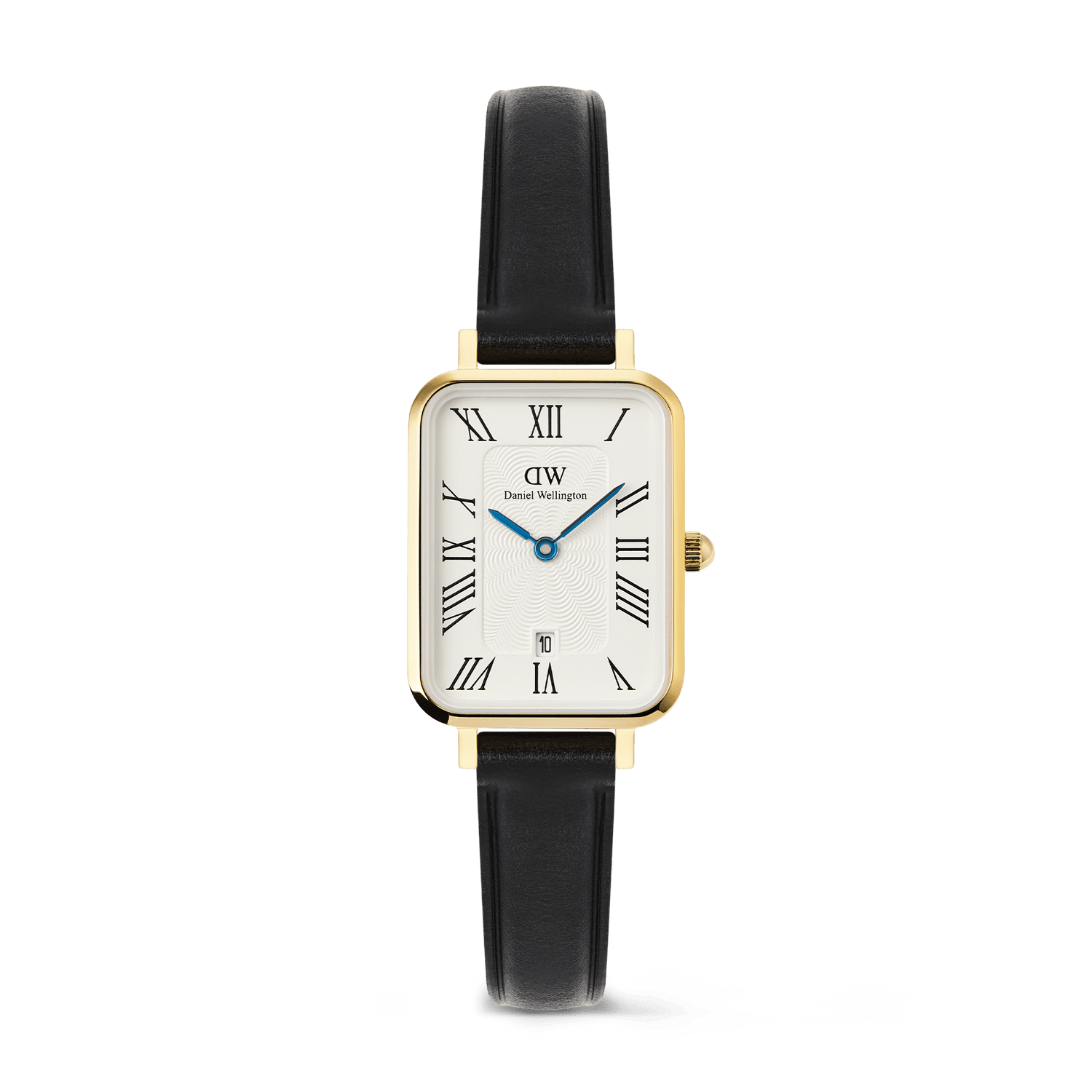 Rectangular gold-plated ladies’ watch with a white dial, bold Roman numerals, blue hands, date display at six o’clock, and a black leather strap. The elegant design combines classic styling with modern touches, ideal for both everyday wear and special occasions.