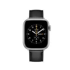 Smartwatch with a silver case and black genuine leather strap, featuring white stitching and a classic analogue chronograph watch face display.