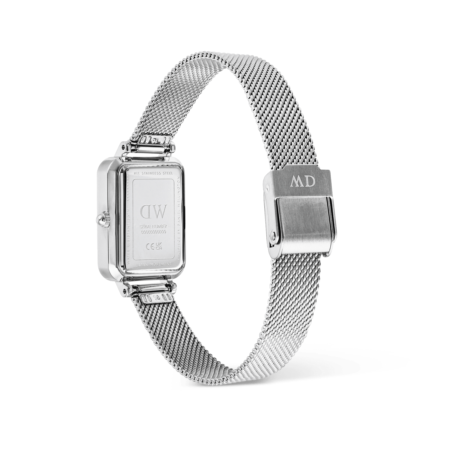 Rear view of the Quadro Sterling Roman Numerals Date watch showing the stainless steel case back, polished silver mesh strap, and secure fold-over clasp.