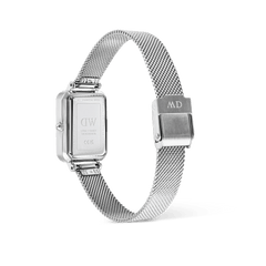 Rear view of the Quadro Sterling Roman Numerals Date watch showing the stainless steel case back, polished silver mesh strap, and secure fold-over clasp.
