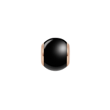 Spherical black ceramic charm with polished rose gold plated stainless steel edges, featuring a minimalist and modern design ideal for bracelets or necklaces.