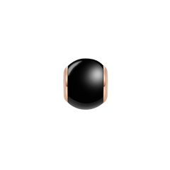 Spherical black ceramic charm with polished rose gold plated stainless steel edges, featuring a minimalist and modern design ideal for bracelets or necklaces.