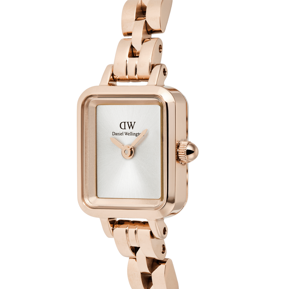 Close-up of the Quadro Mini Arch 3-link White Sunray Rose Gold watch, showing its rectangular silver-white sunray dial, minimalist face, and polished rose gold-plated stainless steel bracelet.