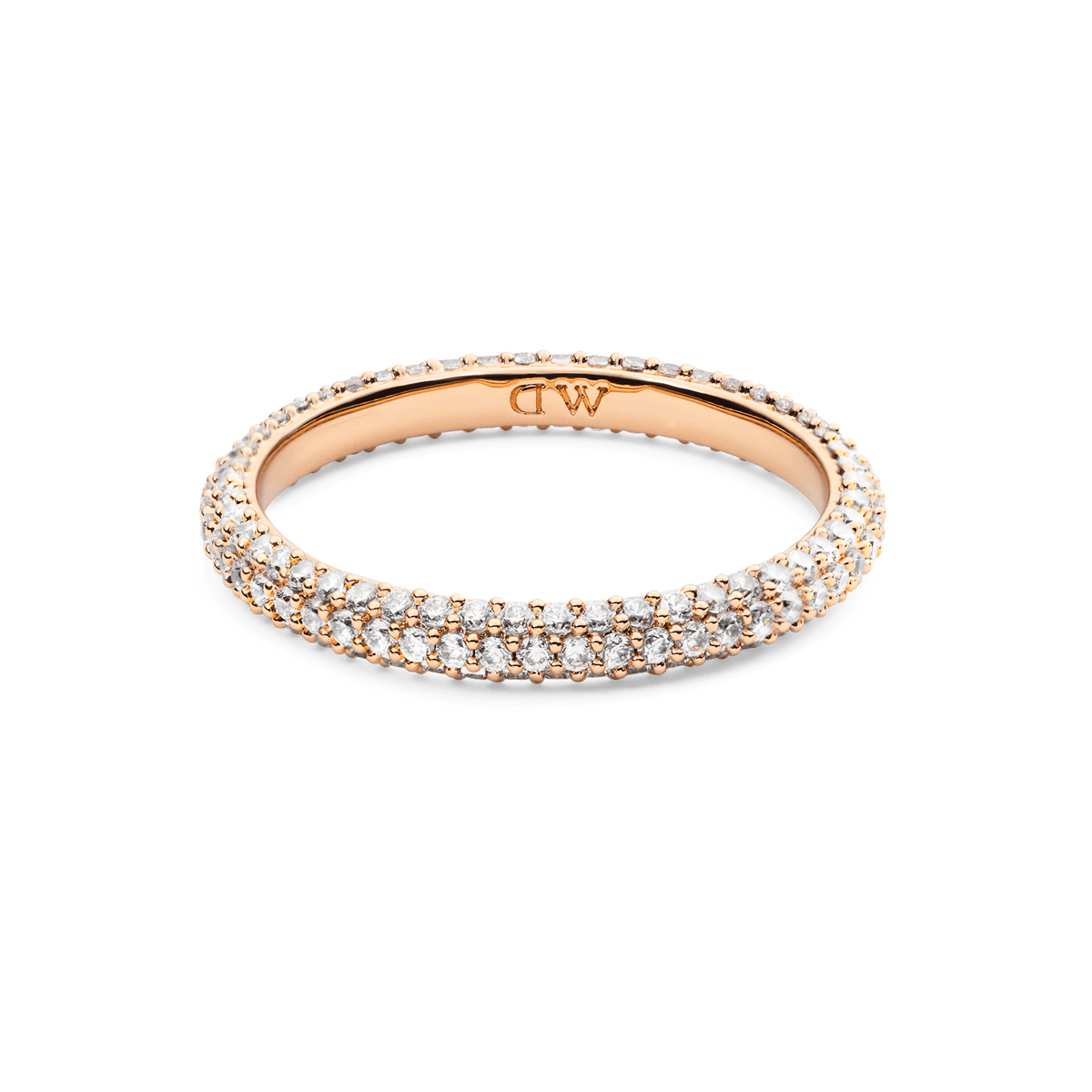 Rose gold pavé ring with a slim 3 mm band, featuring rows of white cubic zirconia crystals and a subtle 