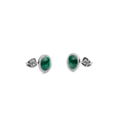 Daniel Wellington Audrey stud earrings with green malachite centre and sparkling cubic zirconia halo in polished silver.