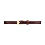 Slim brown leather watch strap with a polished gold-tone buckle, featuring refined stitching and a smooth finish, designed for Daniel Wellington timepieces.