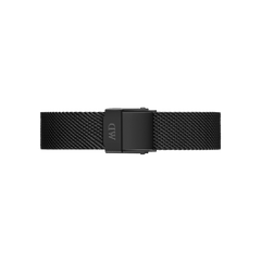 Matte black mesh watch strap with a secure fold-over clasp and subtle texture, designed for Daniel Wellington timepieces. The lightweight stainless steel construction offers a refined, modern look suitable for both formal and casual wear.