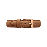 Light brown leather watch strap with a vintage finish, featuring a polished rose gold buckle engraved with the Daniel Wellington logo and detailed stitching along the edges.