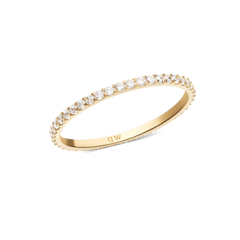 Slim gold eternity ring featuring a continuous row of sparkling white cubic zirconia crystals set in a delicate 1.4 mm band, crafted from stainless steel with gold PVD plating.
