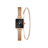 Rose gold Daniel Wellington Quadro Mini Melrose watch with a rectangular black onyx dial and mesh strap, paired with a slender tennis bracelet featuring sparkling crystals.