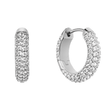 Silver pavé crystal hoop earrings featuring a rounded profile, fully encrusted with sparkling cubic zirconia and finished with a secure hinge lock.