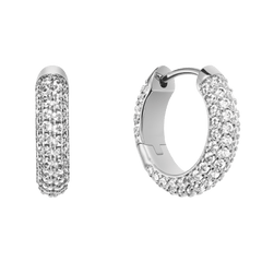 Silver pavé crystal hoop earrings featuring a rounded profile, fully encrusted with sparkling cubic zirconia and finished with a secure hinge lock.