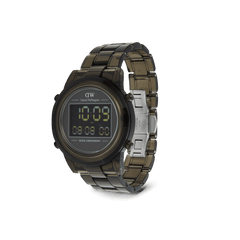 Daniel Wellington Retro Digital Dark Grey watch featuring a round case, black digital chronograph display, and dark grey stainless steel link strap with a butterfly clasp.