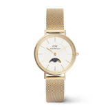 Gold Daniel Wellington Petite Lune Evergold women’s watch with a white dial, moon phase sub-dial, and a slim gold mesh strap.