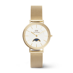 Gold Daniel Wellington Petite Lune Evergold women’s watch with a white dial, moon phase sub-dial, and a slim gold mesh strap.