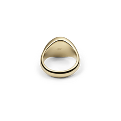 Classic gold signet ring showing inner band engraved with DW logo, polished finish and smooth, rounded edges.