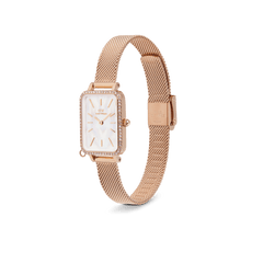 Quadro Crystal Zodiac Melrose watch with a rectangular rose gold case, crystal-set bezel, mother of pearl dial, and an elegant rose gold mesh strap.