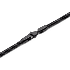 Detail of the Tide Mesh Necklace Black 2.8 showing the black stainless steel mesh chain and secure lobster clasp with subtle branding.