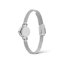 Back view of Petite Mini Sterling women’s silver watch with engraved case and adjustable stainless steel mesh strap.
