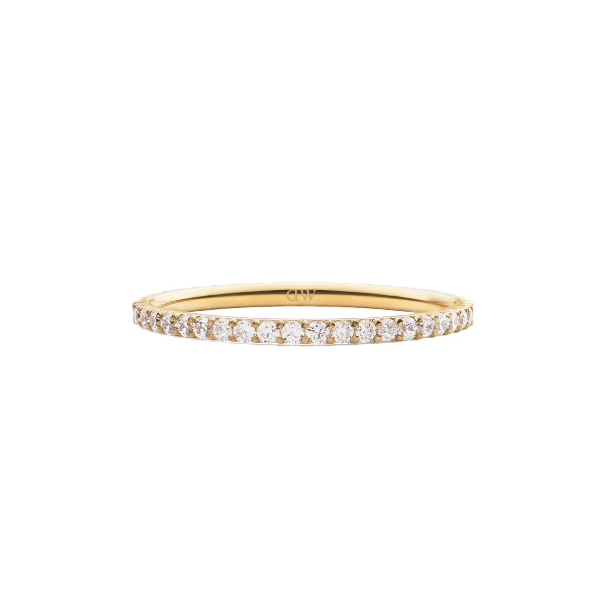 Mirelle Eternity Ring Gold 1.4 mm features a slim gold band set with a continuous row of sparkling white cubic zirconia crystals, offering a refined and elegant look ideal for stacking or wearing alone.