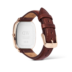 Back view of Marlon St Mawes Linen Rose Gold watch showing engraved case, brown leather strap, and rose gold buckle.