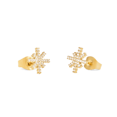 Pair of Mirelle Star Earring Gold stud earrings with gold-tone star shapes, each set with sparkling white cubic zirconia crystals and secure butterfly backs, shown on a plain background.