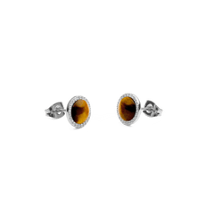 Audrey Tiger Eye Silver stud earrings with domed golden-brown stones and cubic zirconia halo in polished silver-tone setting.