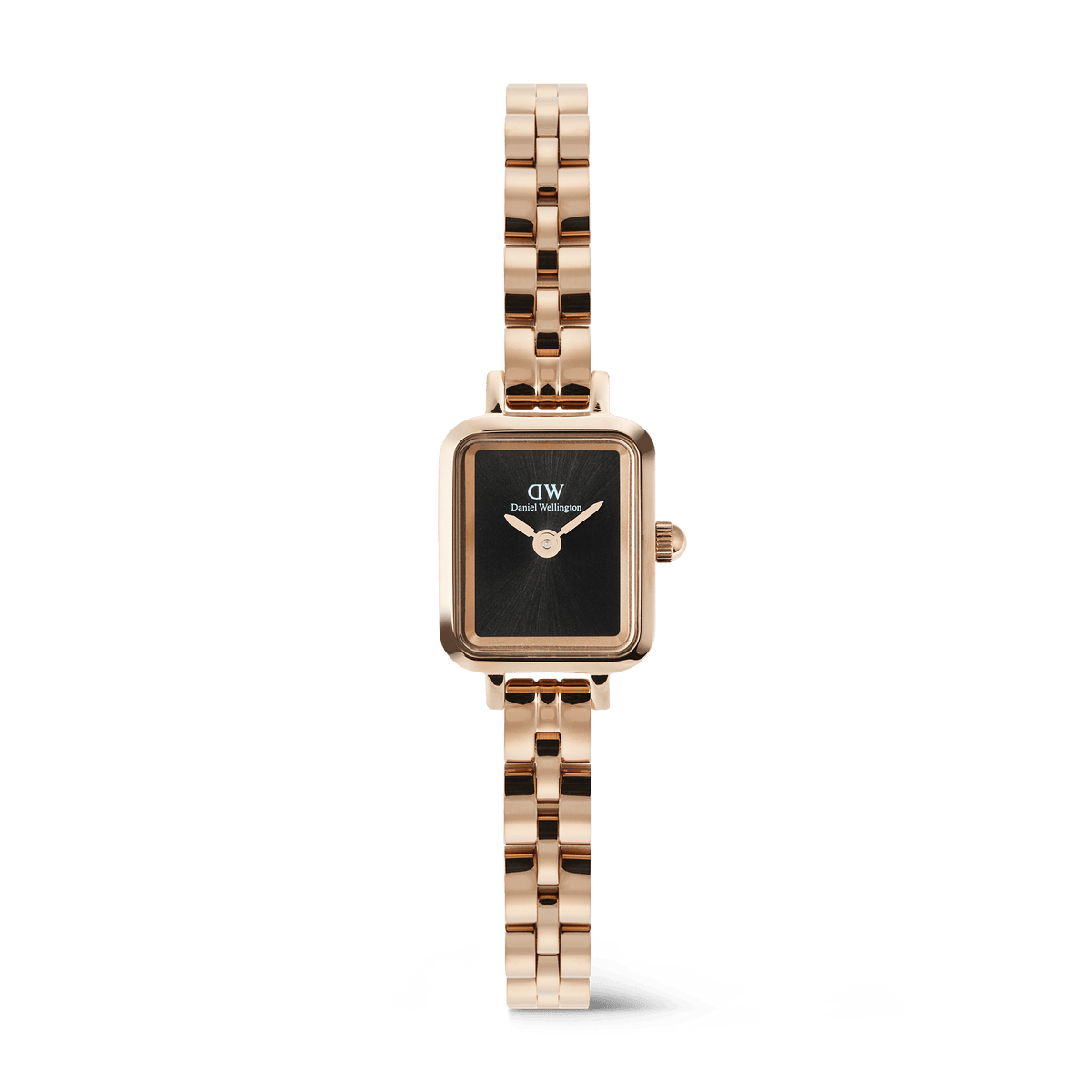 Rectangular rose gold women’s watch with a black sunray dial, minimalist no-index face, and a distinctive arched 3-link bracelet.