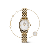 Daniel Wellington Ophelia Mini & Audrey Gold Set featuring a petite gold watch with an oval case, white dial, Roman numeral markers, and a polished link bracelet, paired with a delicate gold bracelet adorned with a circular white centrepiece and crystal accents.
