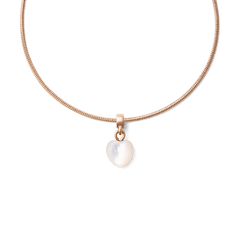 Rose gold necklace featuring a heart-shaped mother of pearl charm, showcasing a smooth iridescent finish and elegant, contemporary styling.