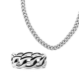 Chunky silver jewellery set featuring a bold chain link necklace and matching ring, both with a polished finish and contemporary design.