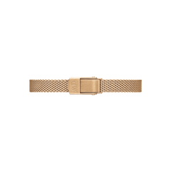 Rose gold mesh strap of the Quadro Mini Melrose Amber watch, featuring a secure adjustable clasp and fine woven detailing for a refined, elegant finish.