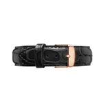 Genuine black croc-embossed leather watch strap with a rose gold buckle, featuring engraved branding and a refined, classic style.