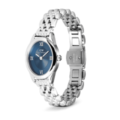 Ophelia Mini Arctic Silver women’s watch with blue oval dial, Roman numerals, and open stainless steel 5-link bracelet.