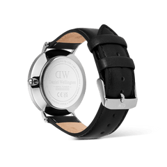 Back view of the Classic Day Display Sheffield Silver watch, showing the engraved stainless steel case back and adjustable black genuine leather strap with polished buckle.