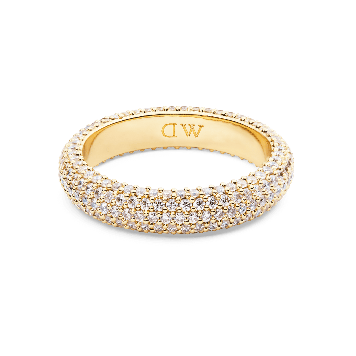Gold pavé ring with a 5 mm band, featuring rows of white cubic zirconia crystals and a polished interior engraved with the Daniel Wellington initials.