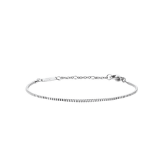 Slim silver box chain bracelet in polished stainless steel with adjustable clasp and delicate, minimalist design.