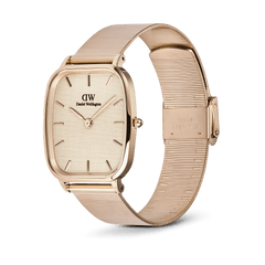 Daniel Wellington Marlon Wire Linen Rose Gold watch with a cushion-shaped rose gold case, linen-textured dial, minimalist hour markers, and an elegant wire mesh strap.